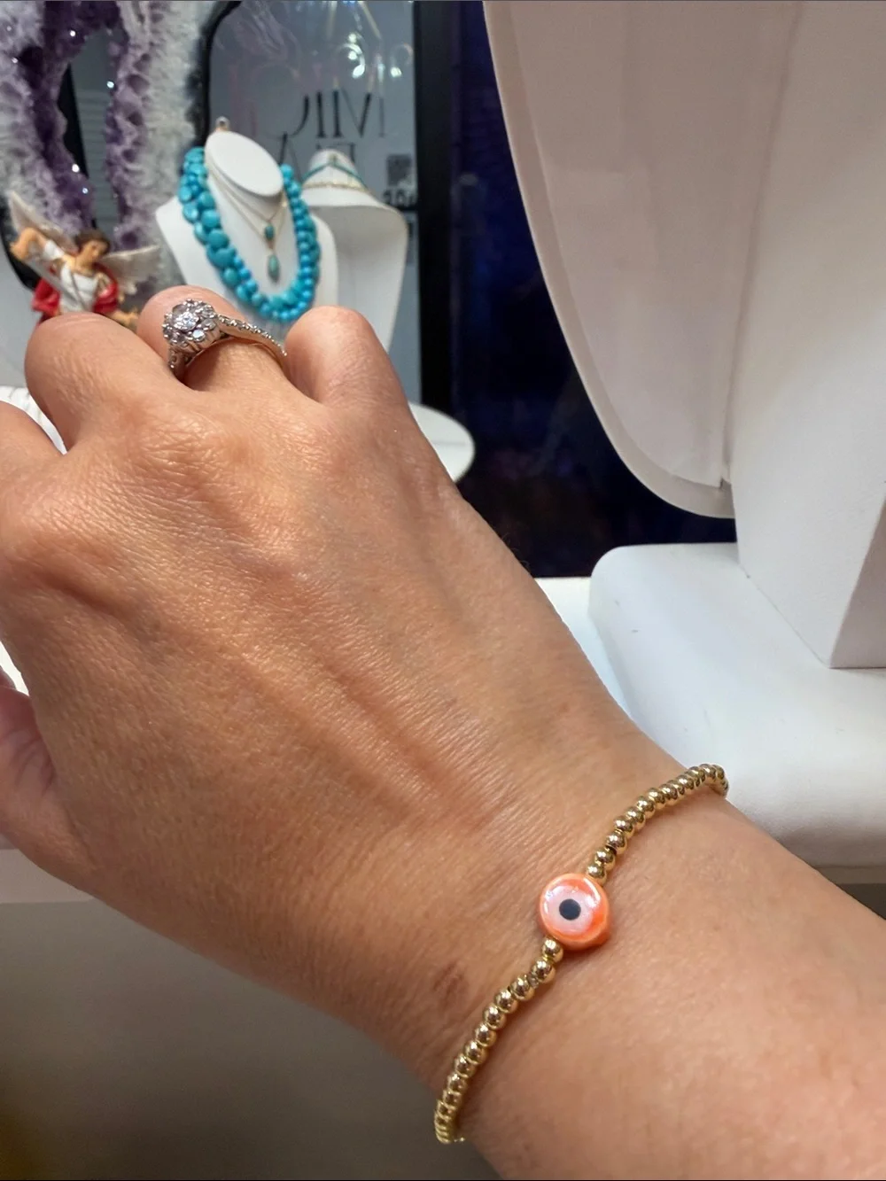 Gold Bead Bracelet with Coral Eye Charm - Women's Jewelry